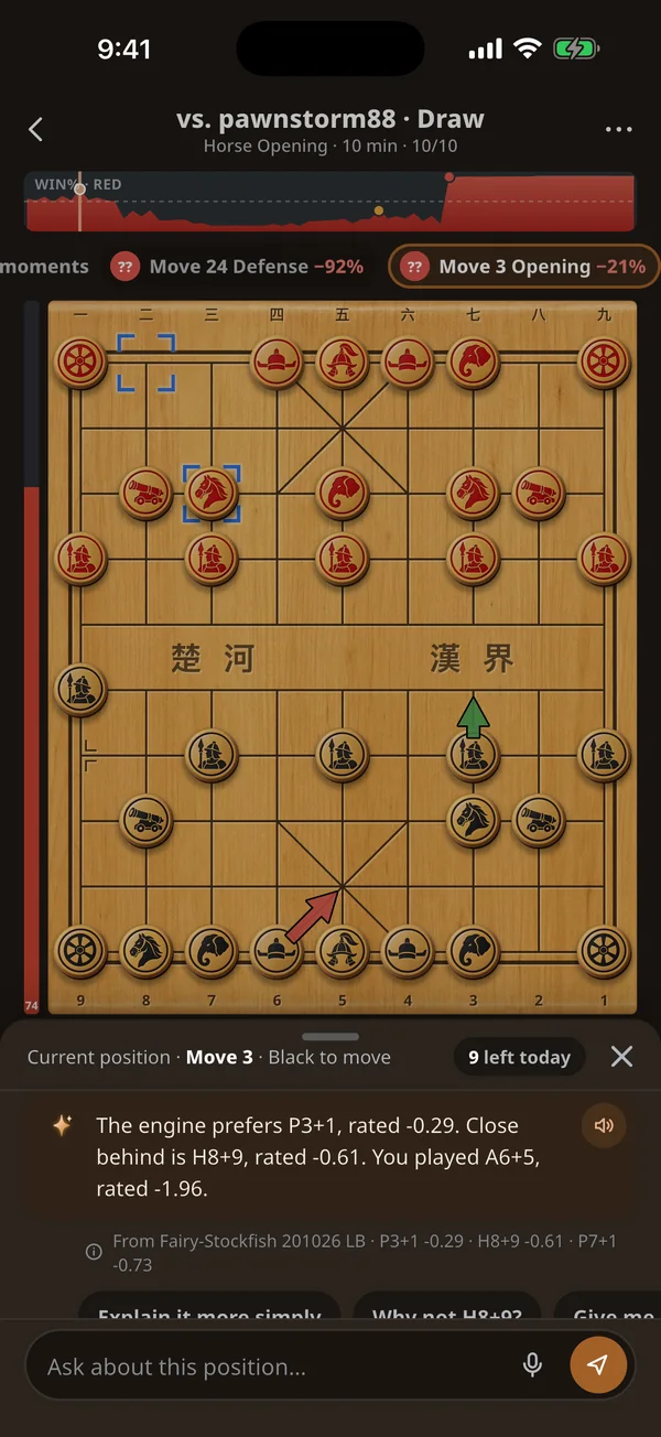 App screenshot: Atlas explains a key position in a game review