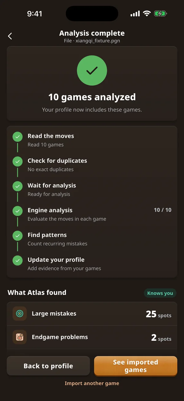 Completed import showing ten analysed games and review options.