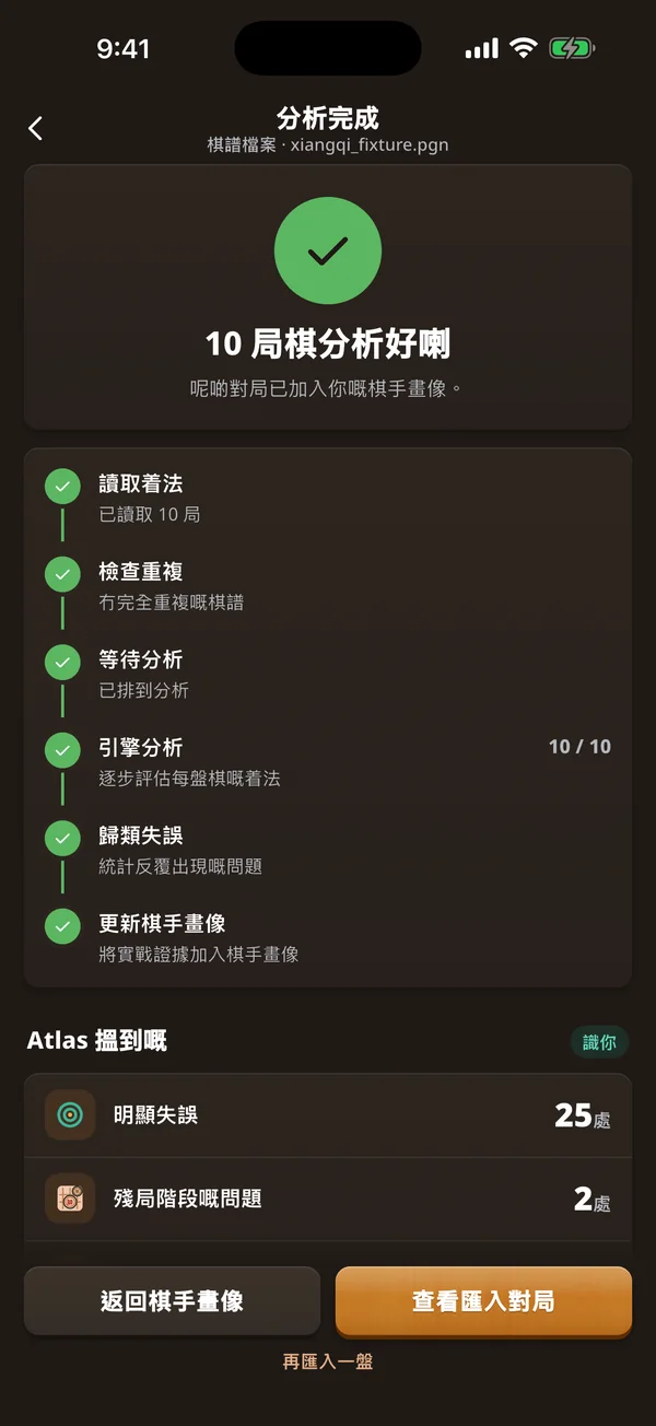 棋譜匯入完成頁，顯示十盤已分析對局同回看入口。