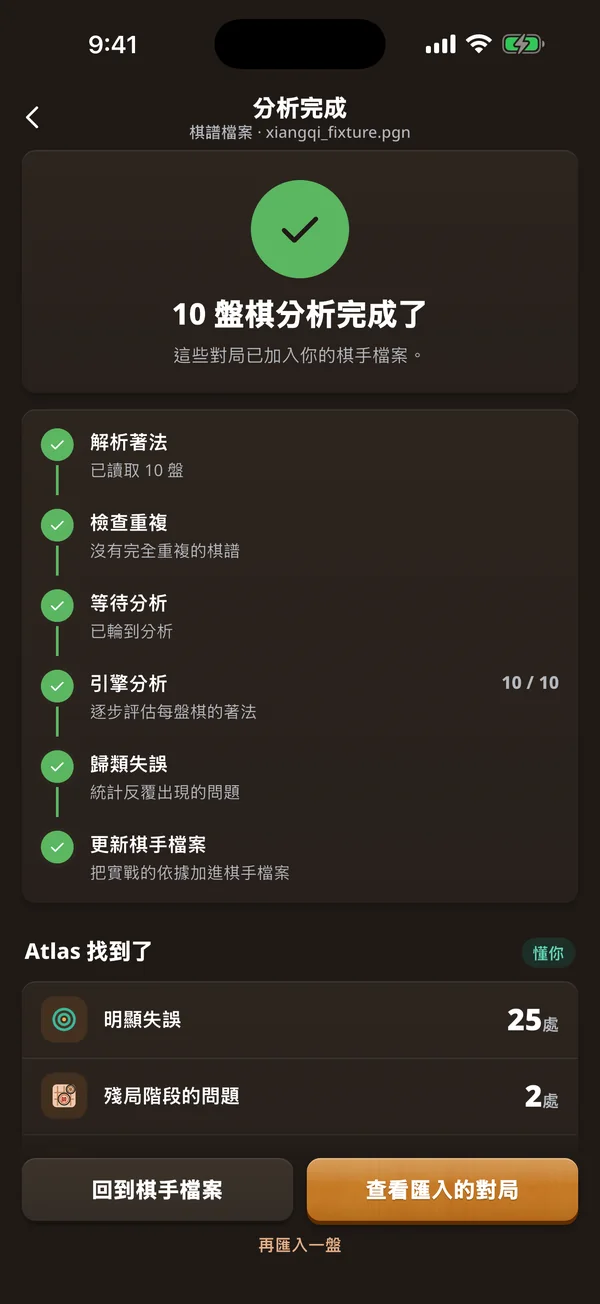 棋譜匯入完成頁，顯示十盤已分析對局與回顧入口。